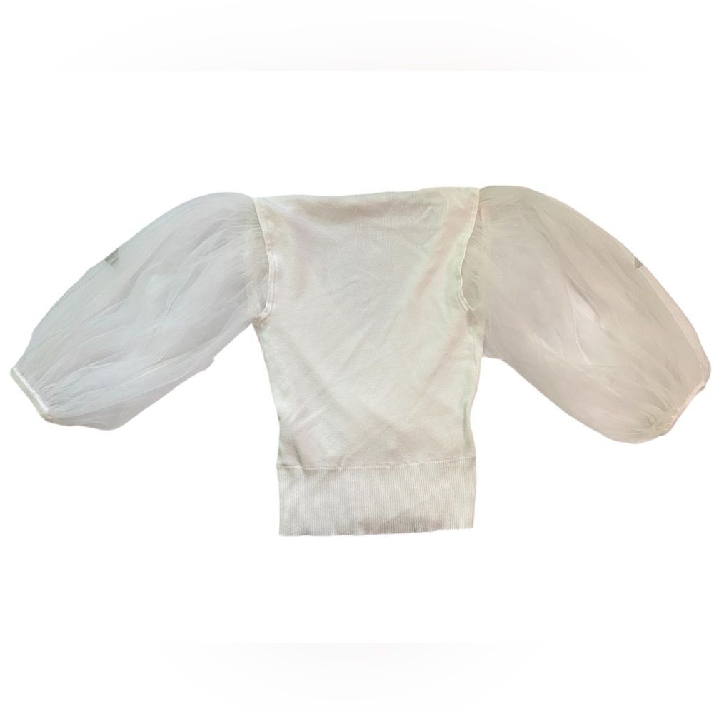 7th Avenue Design Studio New York & Co. White V-Neck Sheer Puff Sleeve Blouse - Picture 2 of 6